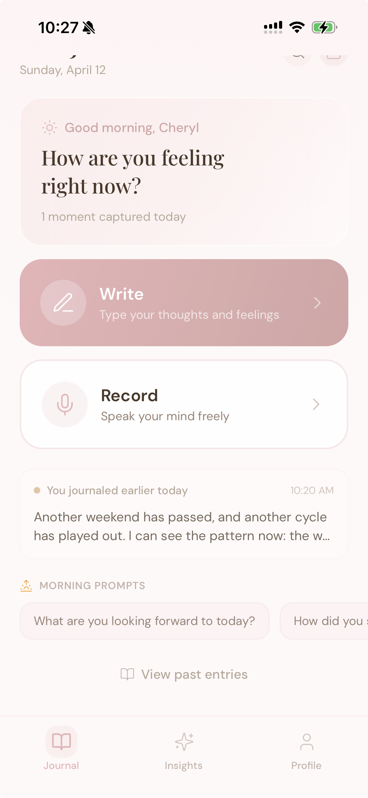 Her Journal — daily writing screen